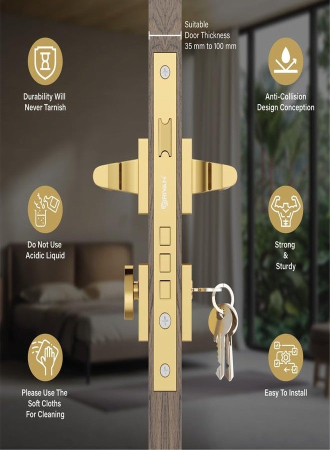 GRIVAN Trendy Brass Mortise Lock for Doors | Mortise Door Lock Handle for Main & Internal Doors Durable Lock Body & 3 Keys Included Home/Office/Hotel (Gold Black Finish) | 2 Years Warranty - Image 3